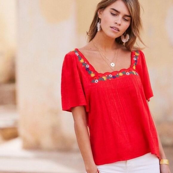 Sezane Tops - Sézane Bea Blouse Cherry Red Embroidered Sqaure Neckline French Girl Boxy Top